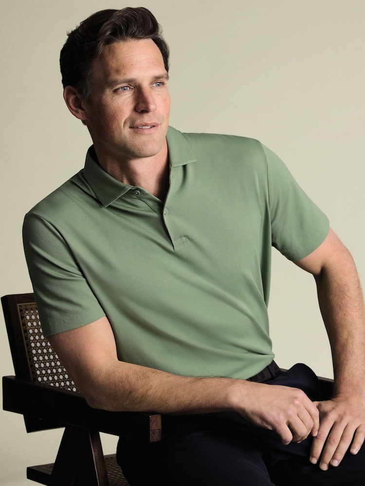 Charles Tyrwhitt Green Short Sleeve Cotton Stretch Smart Pique Polo Shirt - Image 2 of 6 Charles Tyrwhitt Green Short Sleeve Cotton Stretch Smart Pique Polo Shirt - Image 2 of 6