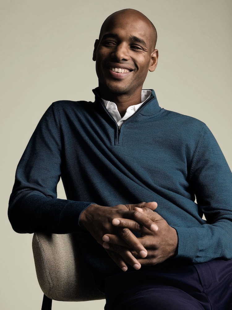 Charles Tyrwhitt Green Merino Zip Neck Jumper - Image 1 of 5 Charles Tyrwhitt Green Merino Zip Neck Jumper - Image 1 of 5