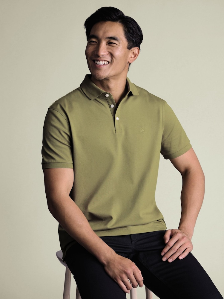 Charles Tyrwhitt Green Olive Solid Short Sleeve Cotton Stretch Pique Polo Shirt - Image 1 of 5