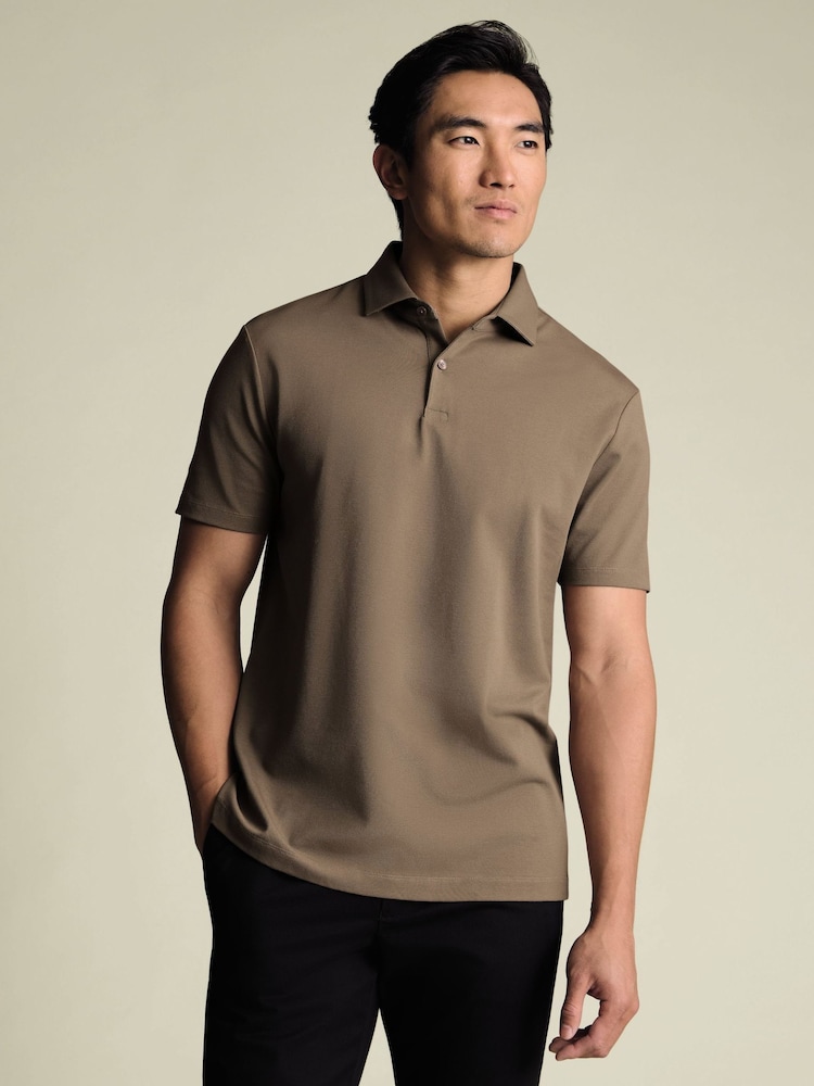 Charles Tyrwhitt Brown Camel Short Sleeve Cotton Stretch Smart Pique Polo Shirt - Image 2 of 6