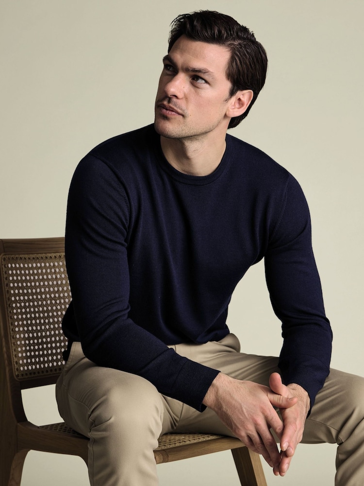 Charles Tyrwhitt Blue Pure Merino Crew Neck Jumper - Image 1 of 5 Charles Tyrwhitt Blue Pure Merino Crew Neck Jumper - Image 1 of 5