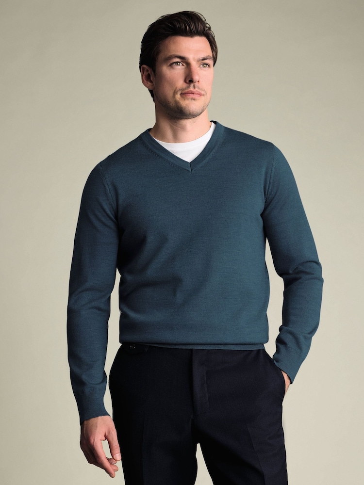 Charles Tyrwhitt Green Pure Merino V-Neck Jumper - Image 1 of 6 Charles Tyrwhitt Green Pure Merino V-Neck Jumper - Image 1 of 6