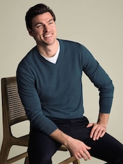 Charles Tyrwhitt Green Pure Merino V-Neck Jumper - Image 3 of 6