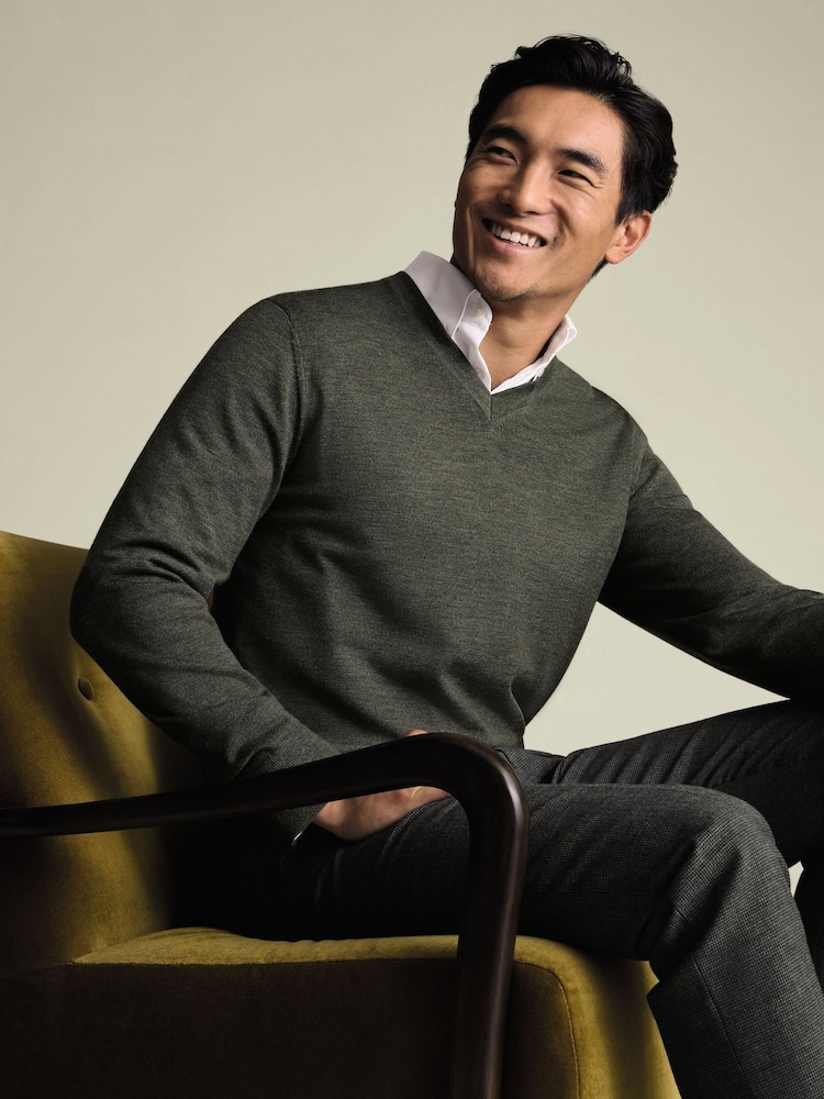 Charles Tyrwhitt Green Pure Merino V-Neck Jumper - Image 1 of 6 Charles Tyrwhitt Green Pure Merino V-Neck Jumper - Image 1 of 6
