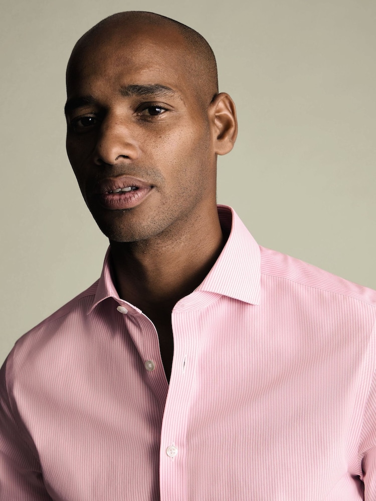 Charles Tyrwhitt Pink Bengal Stripe Non-Iron Poplin Cutaway Slim Fit Shirt - Image 2 of 8 Charles Tyrwhitt Pink Bengal Stripe Non-Iron Poplin Cutaway Slim Fit Shirt - Image 2 of 8