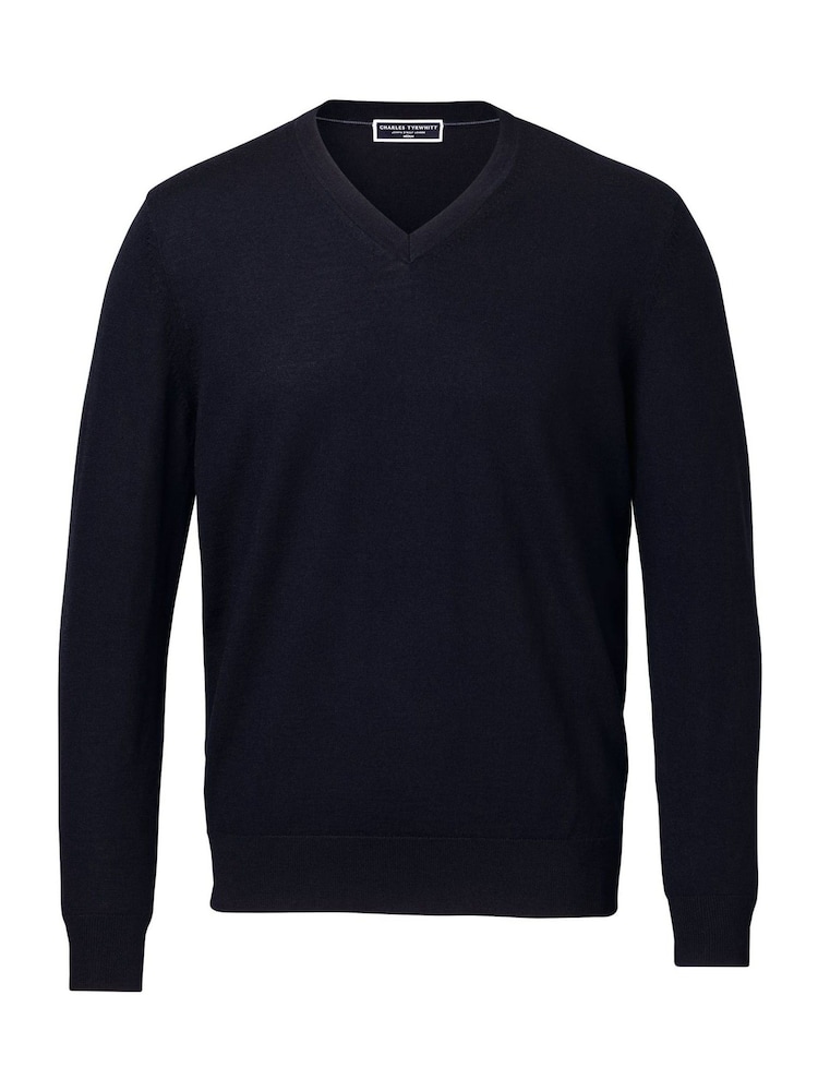 Charles Tyrwhitt Blue Pure Merino V-Neck Jumper - Image 1 of 5 Charles Tyrwhitt Blue Pure Merino V-Neck Jumper - Image 1 of 5