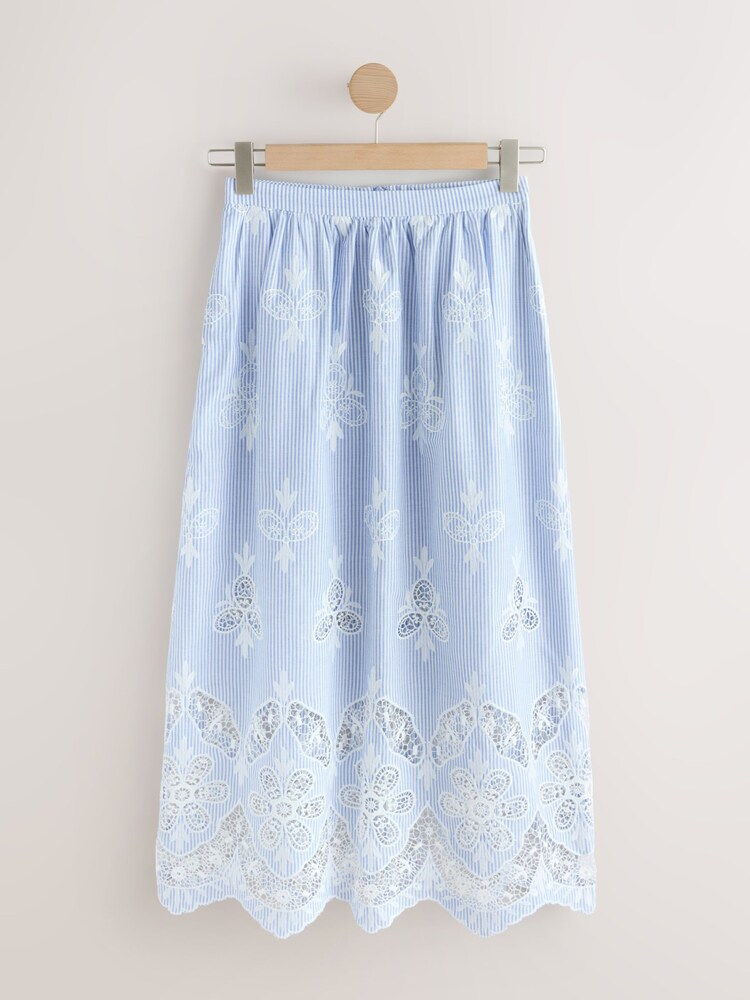 Light Blue/White Stripe Broderie Maxi Skirt - Image 1 of 3