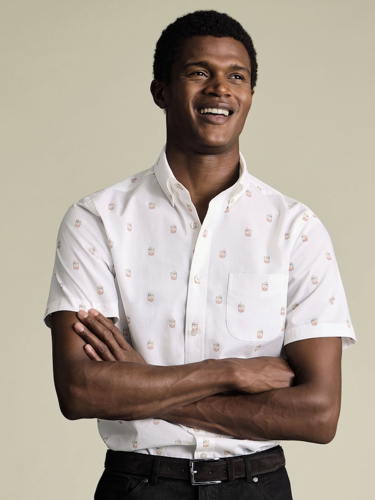 Charles Tyrwhitt White Multi Non Iron Stretch Cocktail Print Slim Fit Shirt - Image 1 of 4