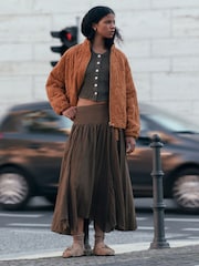 Chocolate Brown Textured Godet Midi Skirt - Image 1 of 7