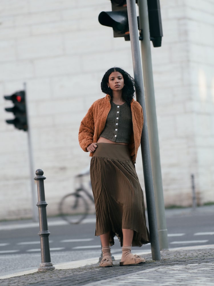 Chocolate Brown Textured Godet Midi Skirt - Image 2 of 7