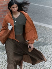 Chocolate Brown Textured Godet Midi Skirt - Image 3 of 7