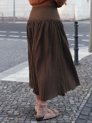 Chocolate Brown Textured Godet Midi Skirt - Image 4 of 7