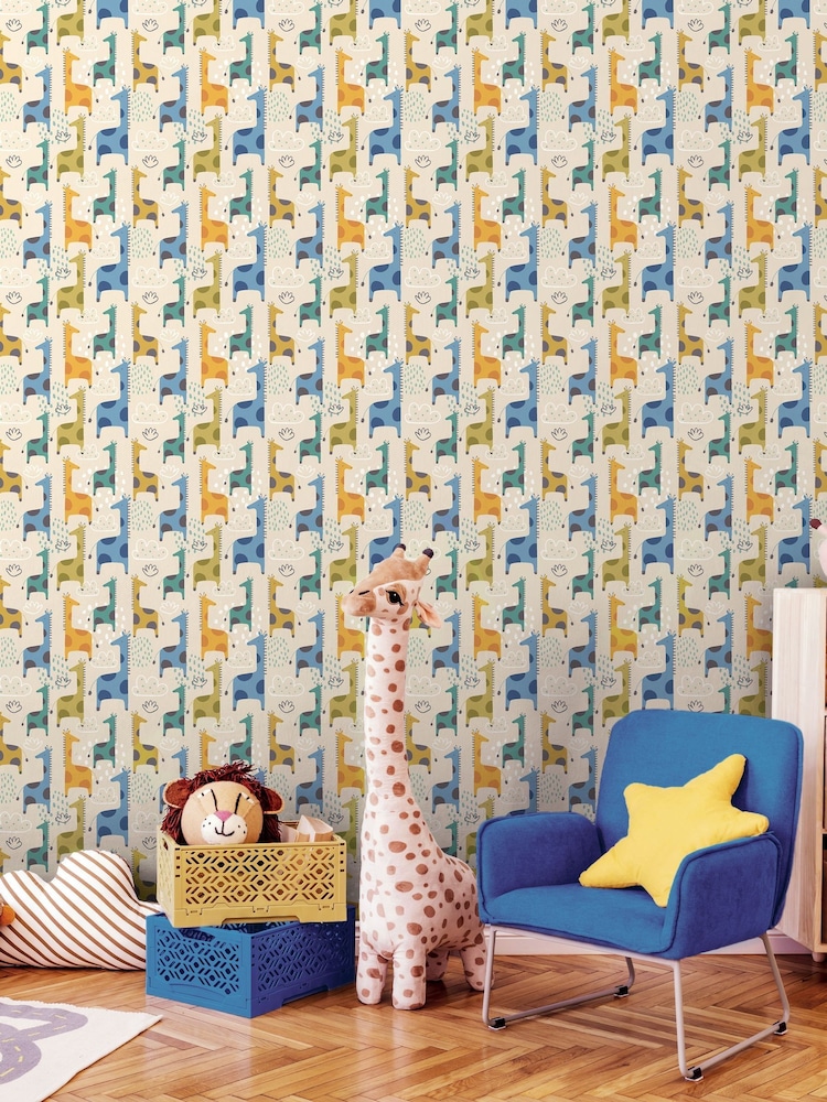 Hoopla Walls Blue Giraffe Friends 10m Wallpaper - Image 1 of 2 Hoopla Walls Blue Giraffe Friends 10m Wallpaper - Image 1 of 2