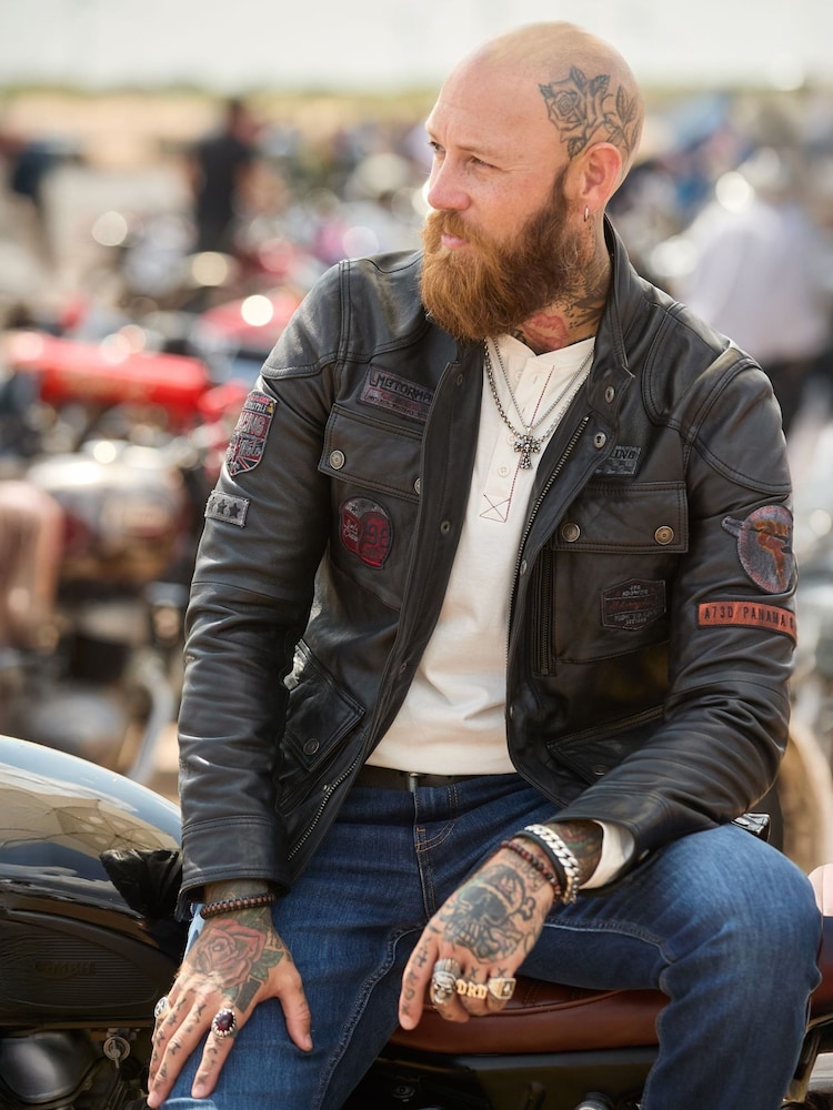 Joe Browns Black Vintage Badge Leather Jacket - Image 1 of 7 Joe Browns Black Vintage Badge Leather Jacket - Image 1 of 7