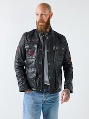 Joe Browns Black Vintage Badge Leather Jacket - Image 2 of 7