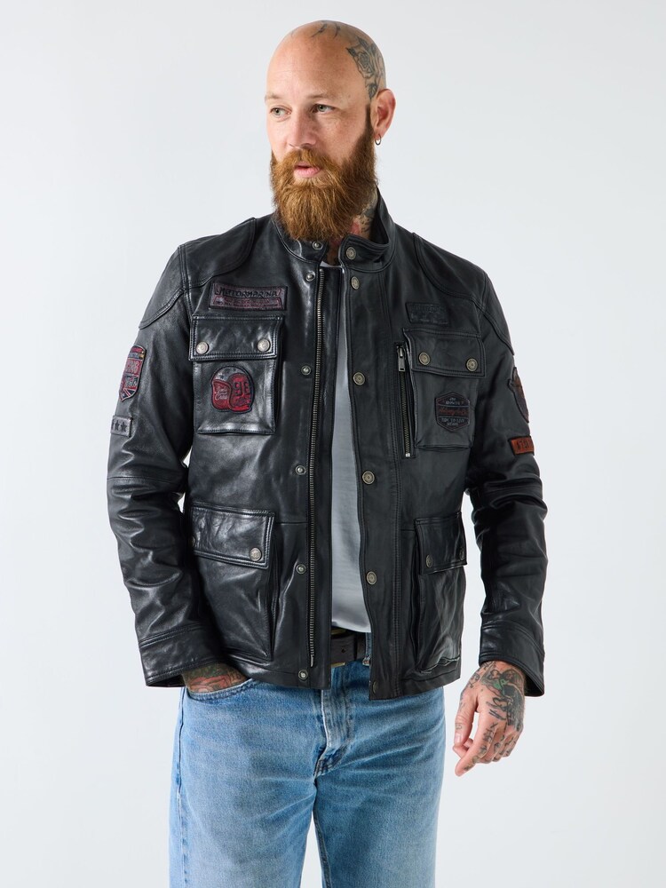 Joe Browns Black Vintage Badge Leather Jacket - Image 2 of 7 Joe Browns Black Vintage Badge Leather Jacket - Image 2 of 7