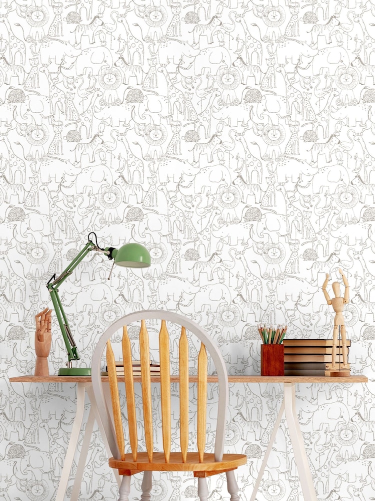 Hoopla Walls Grey Animal Print Doodle 10m Wallpaper - Image 1 of 2