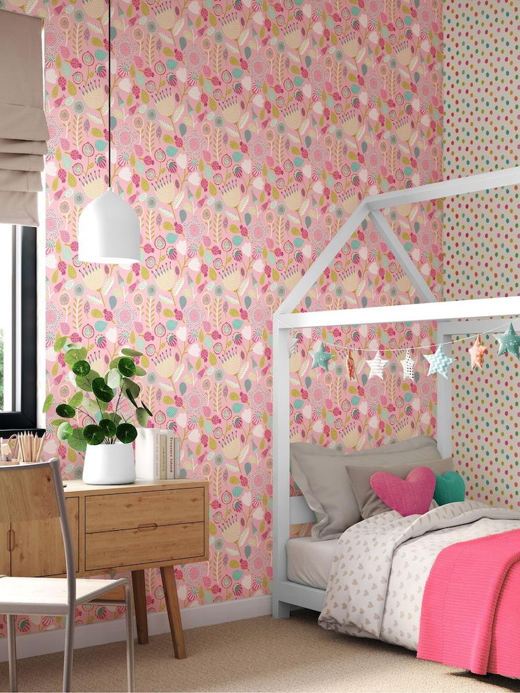 Hoopla Walls Pink Folk Floral Print 10m Wallpaper - Image 1 of 2
