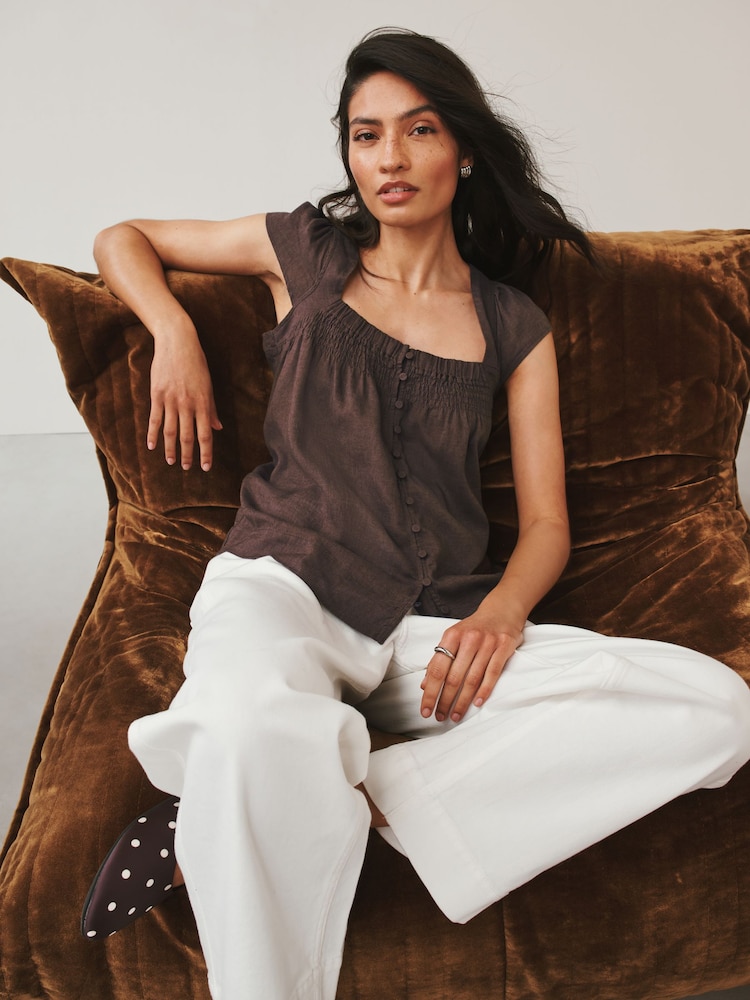 Chocolate Brown Flutter Sleeve Button Front Top With Linen - Image 1 of 9