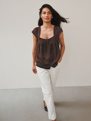 Chocolate Brown Flutter Sleeve Button Front Top With Linen - Image 2 of 9