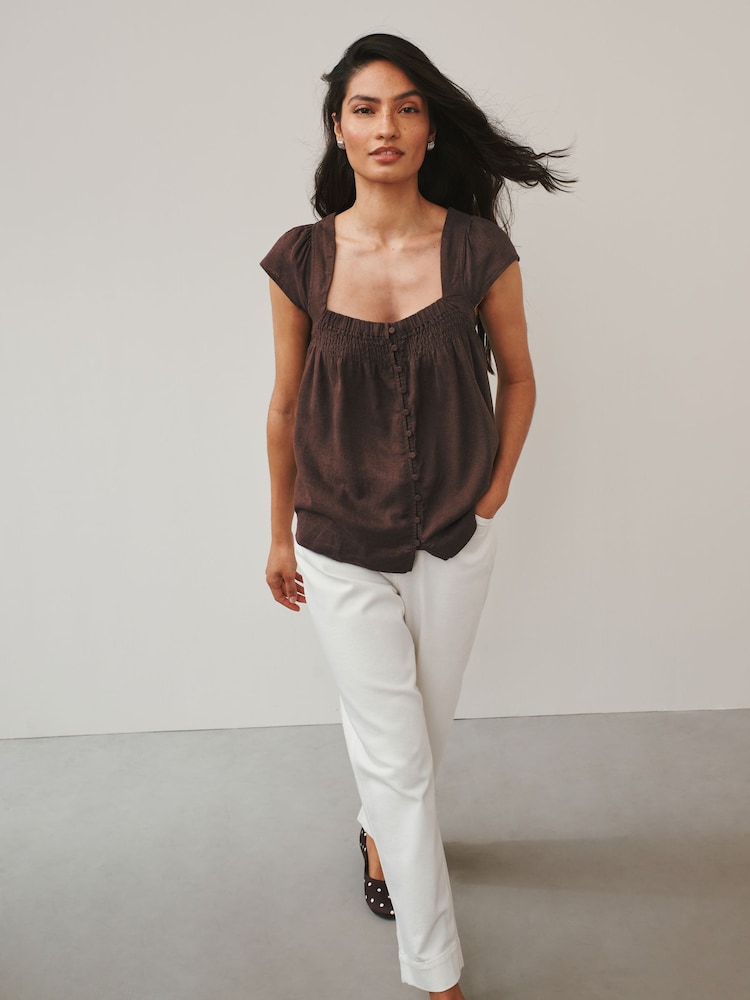 Chocolate Brown Flutter Sleeve Button Front Top With Linen - Image 2 of 9