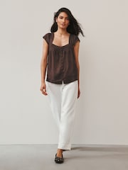 Chocolate Brown Flutter Sleeve Button Front Top With Linen - Image 3 of 9