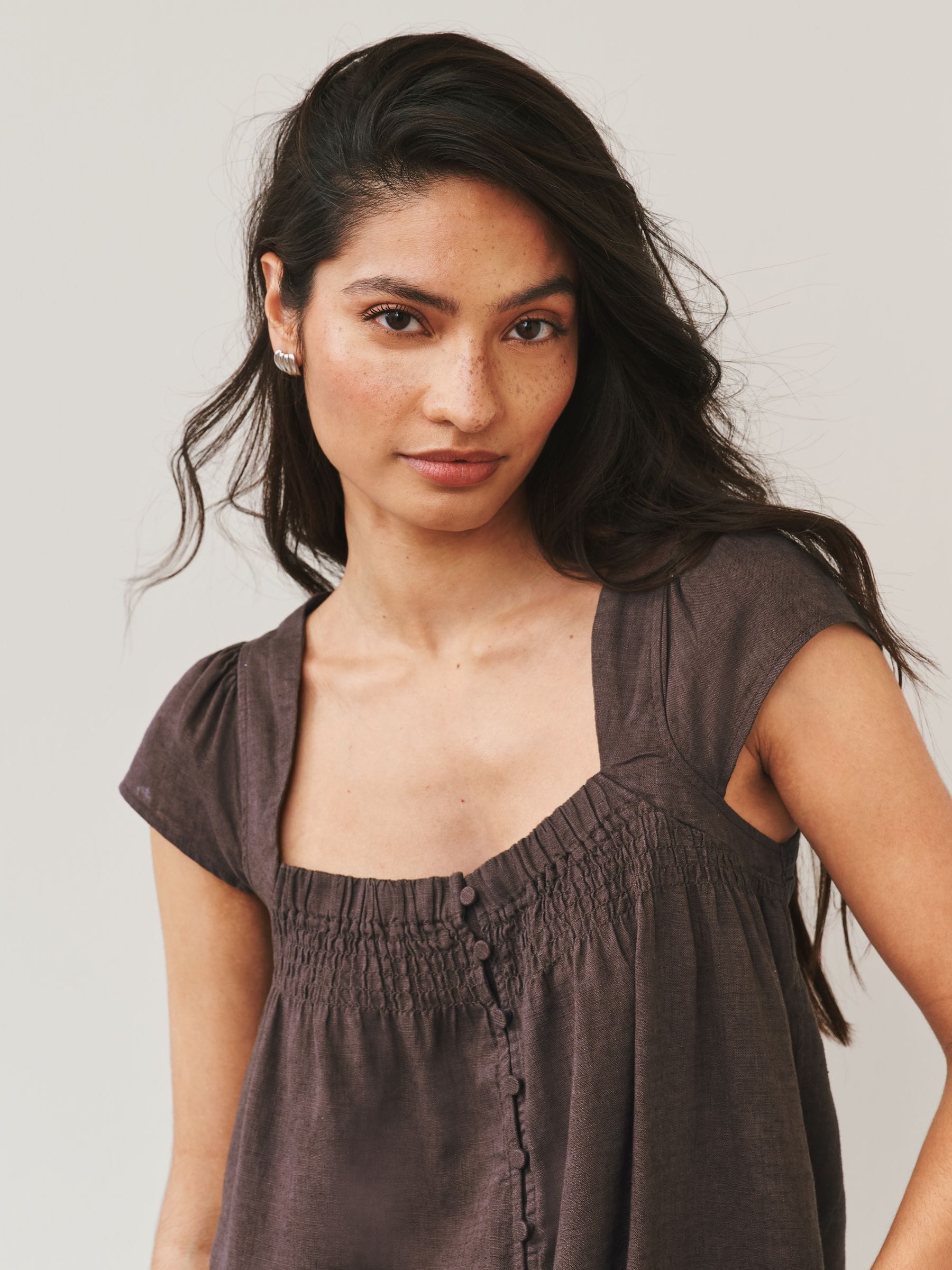 Buy Chocolate Brown Flutter Sleeve Button Front Top With Linen