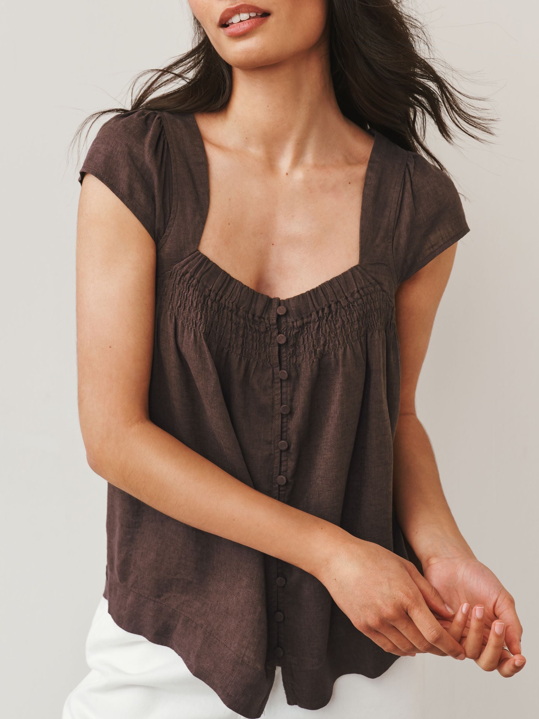 Buy Chocolate Brown Flutter Sleeve Button Front Top With Linen