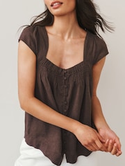 Chocolate Brown Flutter Sleeve Button Front Top With Linen - Image 6 of 9