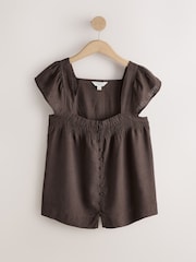 Chocolate Brown Flutter Sleeve Button Front Top With Linen - Image 7 of 9