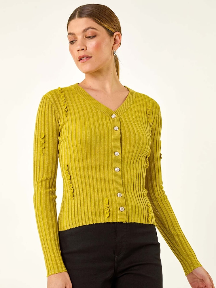 Roman Green Sequin Ruffle Buttoned Knit Top - Image 1 of 5 Roman Green Sequin Ruffle Buttoned Knit Top - Image 1 of 5