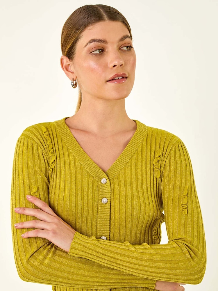 Roman Green Sequin Ruffle Buttoned Knit Top - Image 2 of 5 Roman Green Sequin Ruffle Buttoned Knit Top - Image 2 of 5