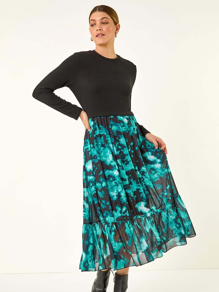 Roman Blue 2 in 1 Abstract Print Stretch Midi Dress - Image 1 of 4