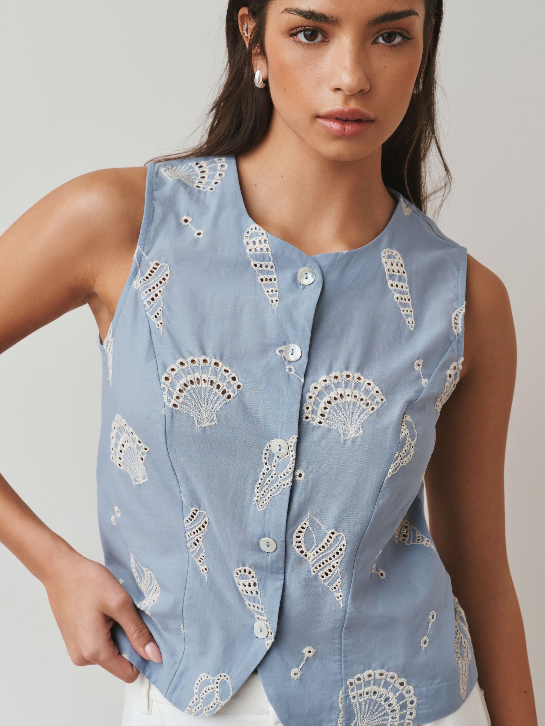 Buy Blue Shell Broderie Button Front Top from the Next UK online shop