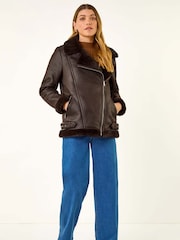 Roman Brown Faux Fur Aviator Jacket - Image 1 of 5