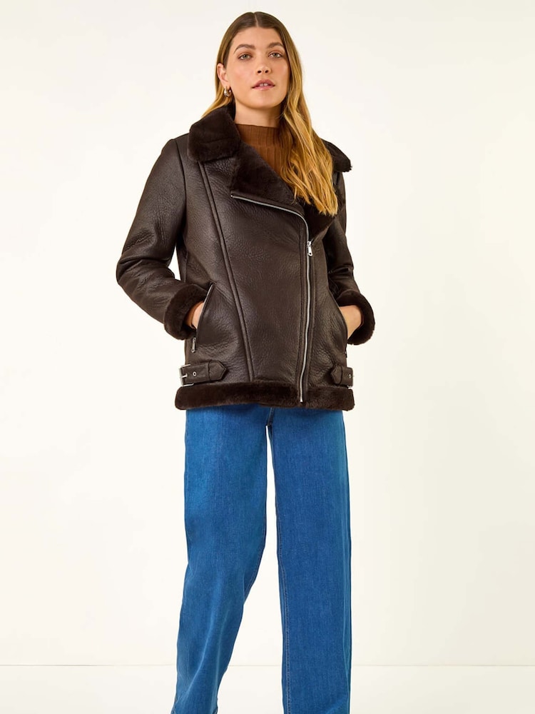 Roman Brown Faux Fur Aviator Jacket - Image 1 of 5