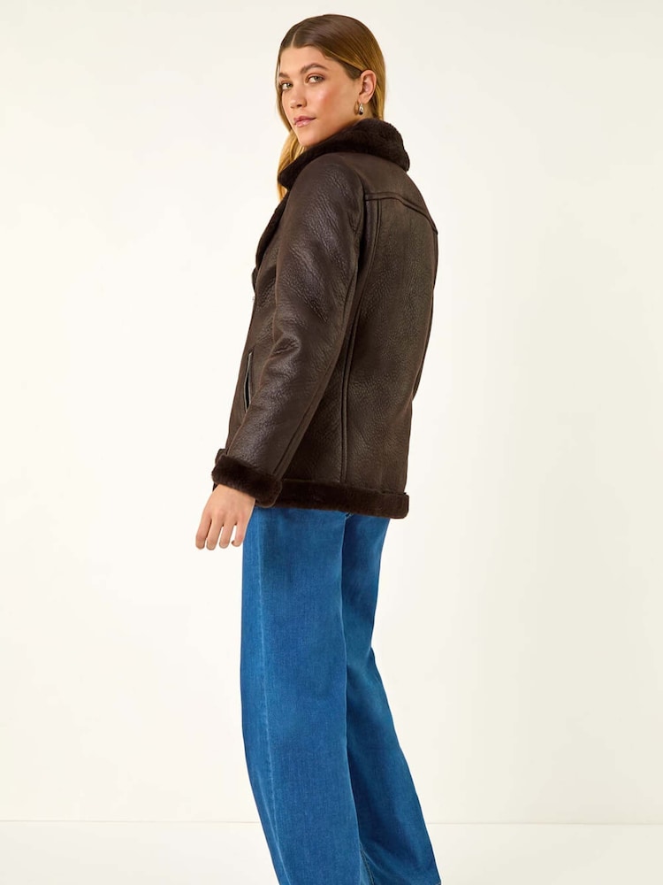 Roman Brown Faux Fur Aviator Jacket - Image 2 of 5 Roman Brown Faux Fur Aviator Jacket - Image 2 of 5