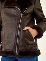Roman Brown Faux Fur Aviator Jacket - Image 4 of 5