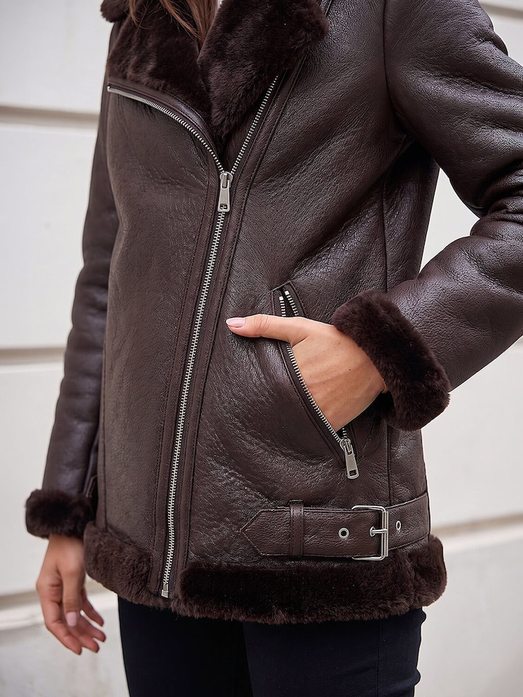 Roman Brown Faux Fur Aviator Jacket - Image 4 of 4