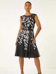 Roman Black Embroidered Tie Waist Midi Dress - Image 1 of 5