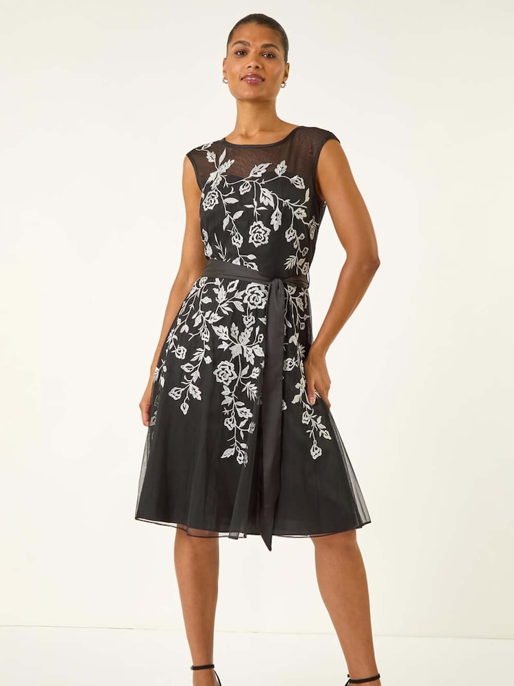 Roman Black Embroidered Tie Waist Midi Dress - Image 1 of 5 Roman Black Embroidered Tie Waist Midi Dress - Image 1 of 5