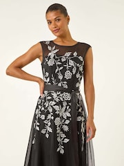 Roman Black Embroidered Tie Waist Midi Dress - Image 3 of 5