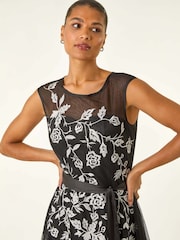 Roman Black Embroidered Tie Waist Midi Dress - Image 4 of 5