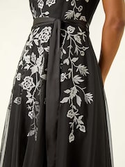 Roman Black Embroidered Tie Waist Midi Dress - Image 5 of 5