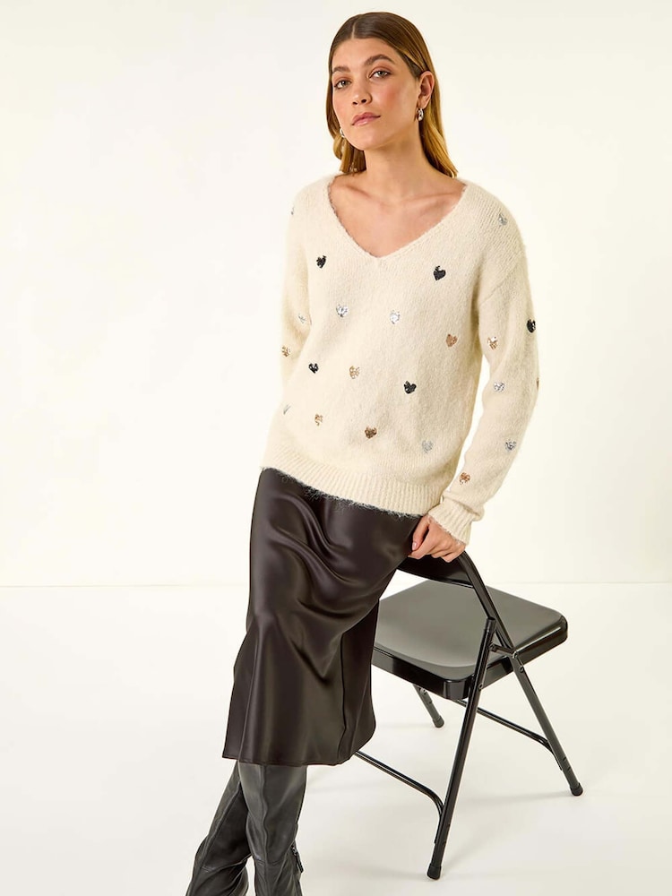 Roman White Sequin Heart Fluffy Knit Jumper - Image 1 of 5 Roman White Sequin Heart Fluffy Knit Jumper - Image 1 of 5