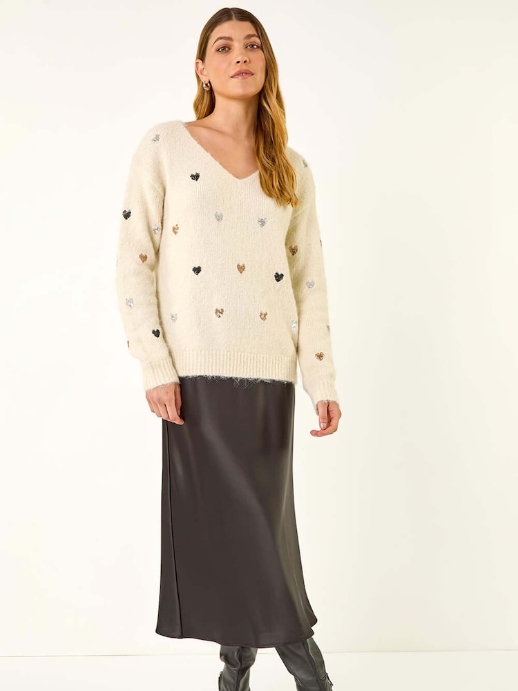 Roman White Sequin Heart Fluffy Knit Jumper - Image 2 of 5
