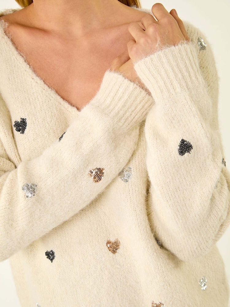 Roman White Sequin Heart Fluffy Knit Jumper - Image 5 of 5 Roman White Sequin Heart Fluffy Knit Jumper - Image 5 of 5