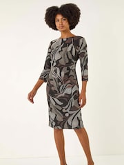 Roman Brown Abstract Print Ruched Midi Stretch Dress - Image 1 of 5
