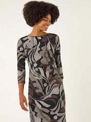 Roman Brown Abstract Print Ruched Midi Stretch Dress - Image 2 of 5