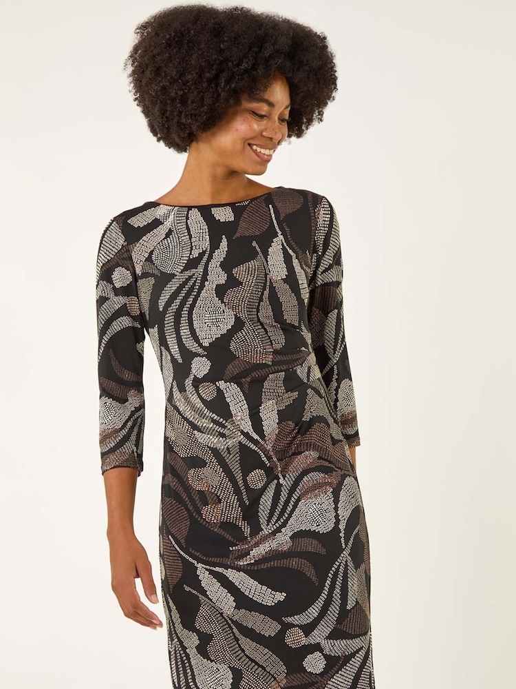 Roman Brown Abstract Print Ruched Midi Stretch Dress - Image 2 of 5